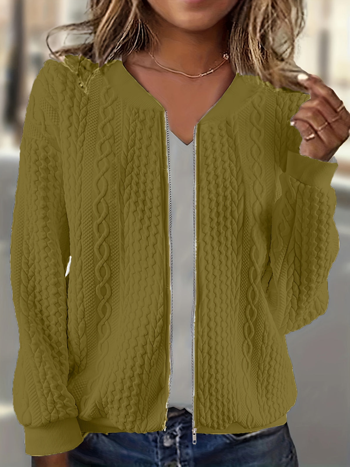 Plus Size, Plus Size Zip Up Textured Solid Jacket, Casual Long Sleeve Outerwear for Fall & Spring, Women's Plus Size Clothing - product image