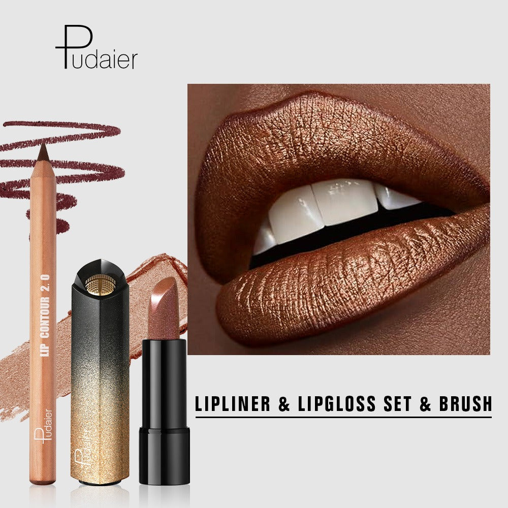 Golden Lipstick Set with Lip Liner Pencil 2 Piece — Brown Shimmer Lipstick and Nude Lip Liner, Viral Fall Makeup Kit Luxury Press Gold Lip Color for Women, Perfect Beauty Gift - product image 2