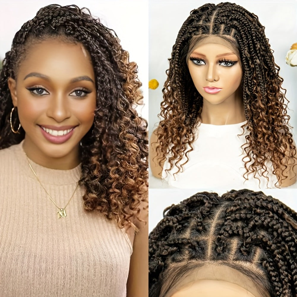 Goddess Braided Wig Knotless Bohemian Square Braid Full Lace Curly Wave 14-16 Inch Black Burgundy Brown Natural Hairline Protective Style Synthetic Wig for Women - product image 16