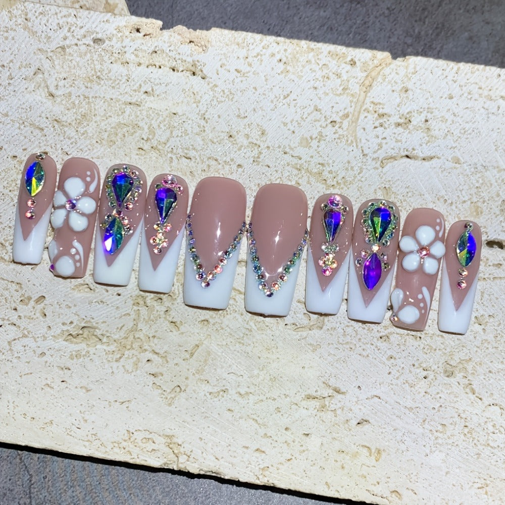 Press On Nails Square French Tip with AB Rhinestone & Handcrafted Floral Design – Nude White Glossy Luxury Nail Set 10pcs S/M/L for Wedding Bridal Party - product image 9