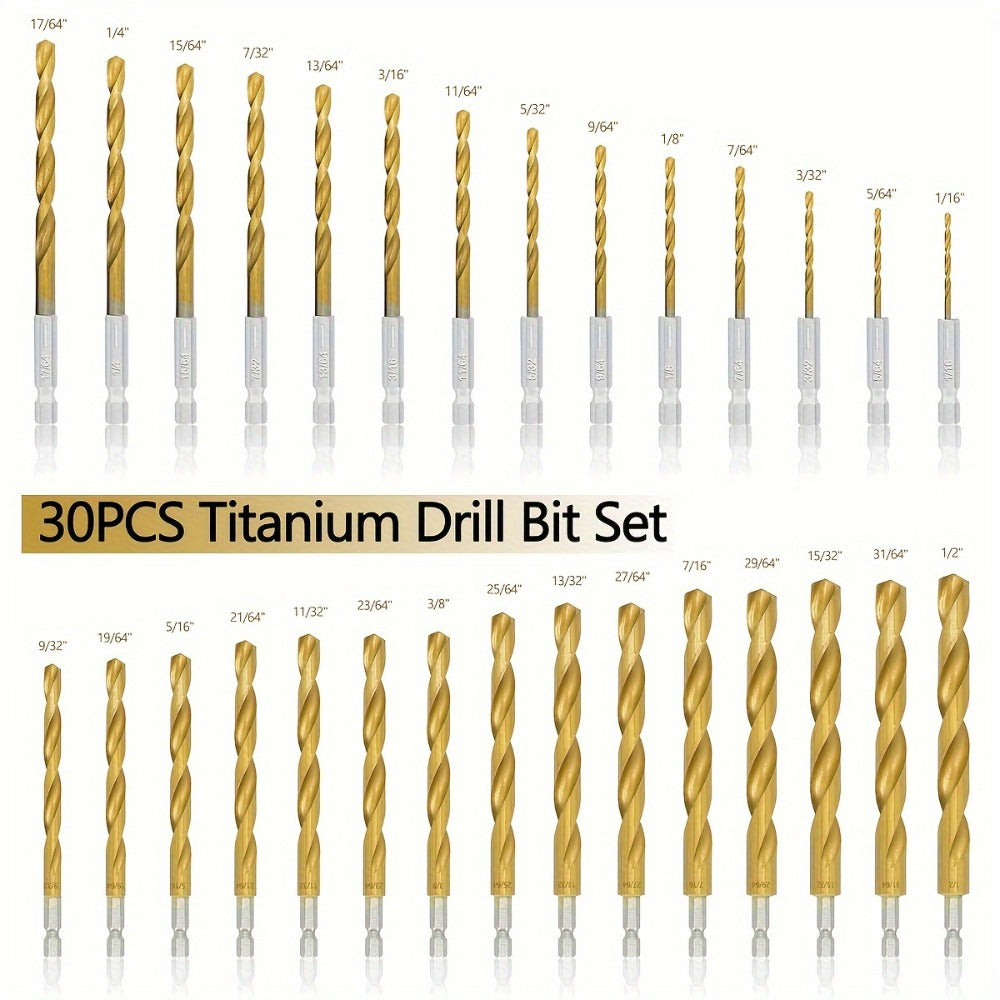 Titanium HSS Drill Bit Set 30PCS Hex Shank Quick Change 1/16 to 1/2 Inch for Metal Wood Plastic Hand Drilling Electric Screwdriver Drill Press Round Shank Twist Bits - product image 2