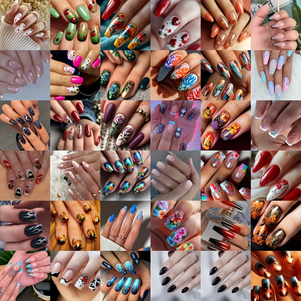 Rhinestone Press On Nails 216 Pieces 9 Sets Random Mixed Color – Glossy Full Cover Middle Length False Nails for Women Girls | Glamorous Holiday Christmas Party Nail Art Kit - product image 7