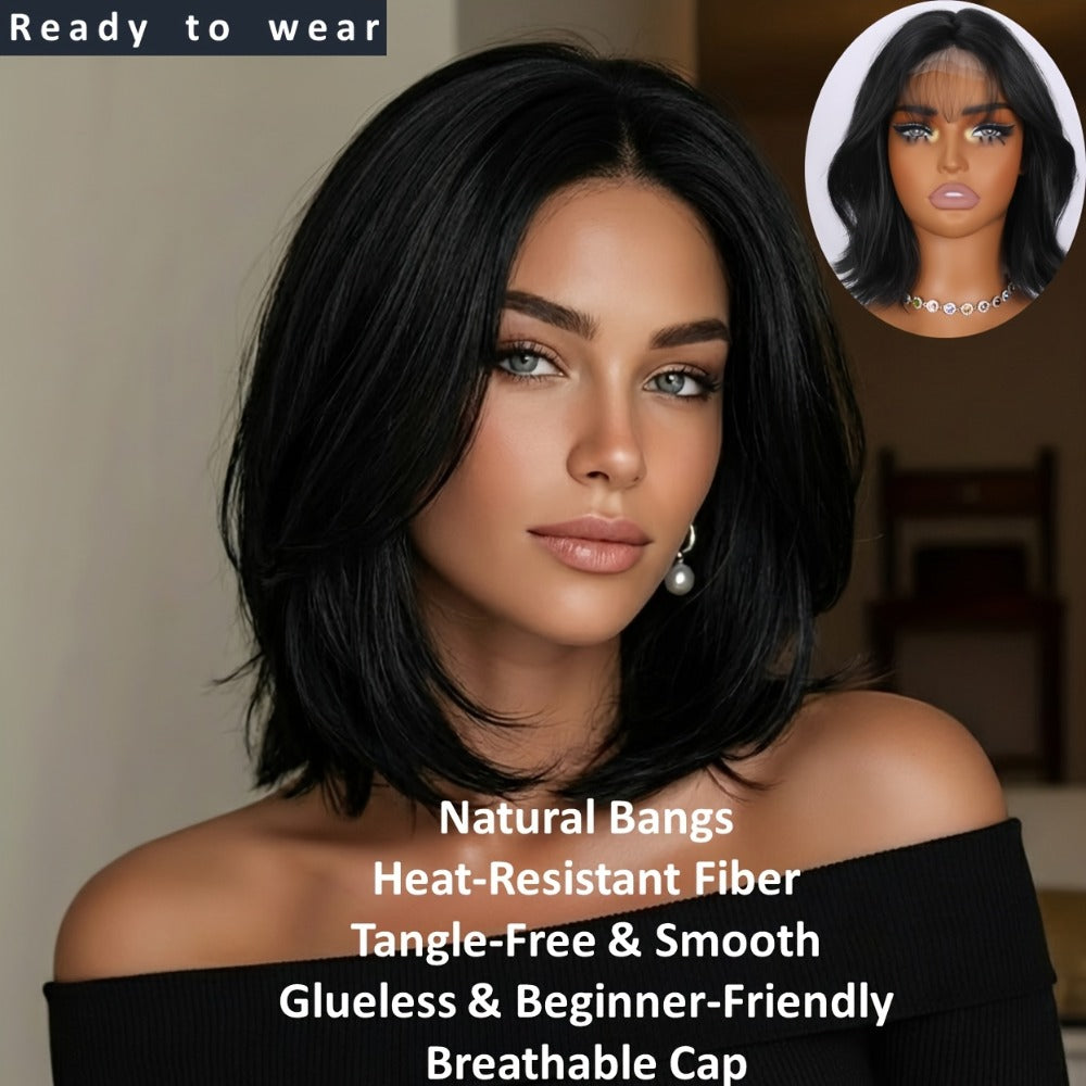 U Part Lace Front Bob Wig 4x1 Glueless Rose Net Cap Middle Part Natural Hairline Synthetic Wig for Women 14 Inch Brown Highlights Milky White Black Pink - product image 8