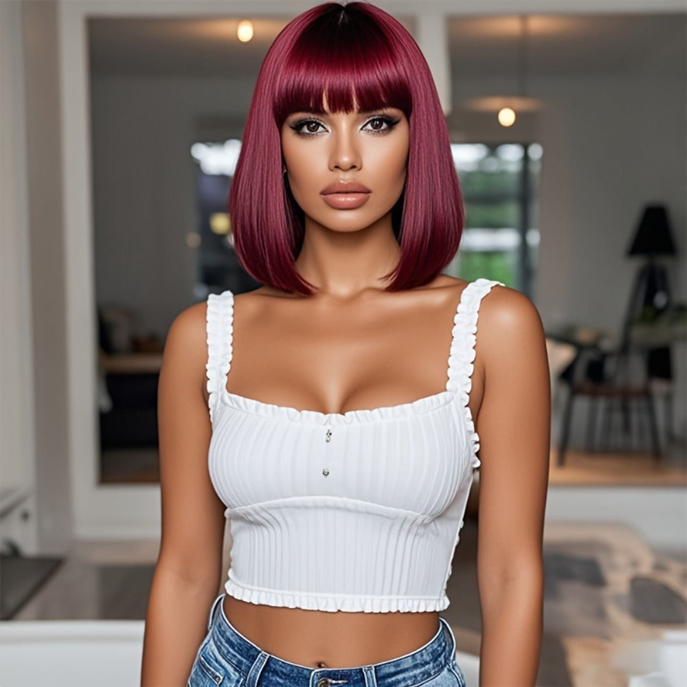 Rose Net Cap Synthetic Wig with Bangs 12 Inch Multi Color Breathable Soft Cap for Women | Light Yellow Gradient Brown Red Highlights Light Brown | Daily Wear Cosplay - product image 10