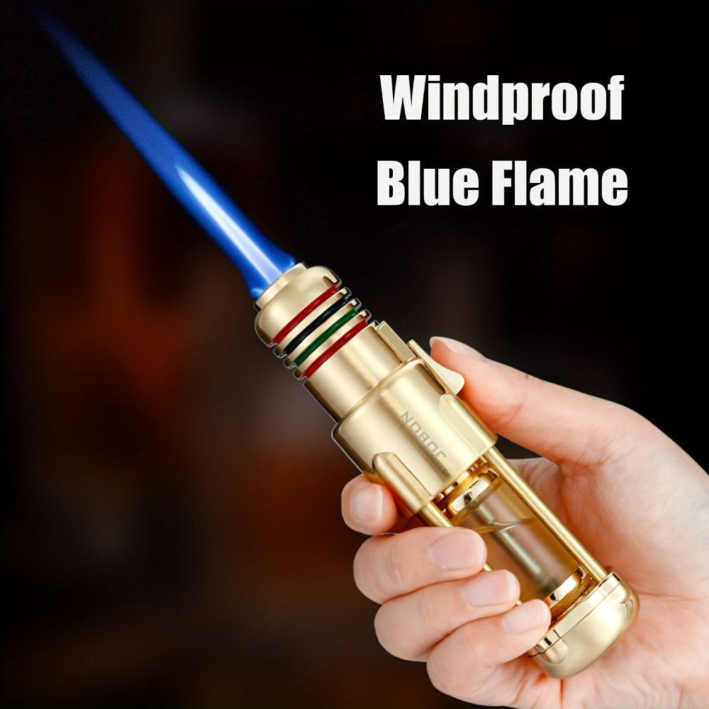 Butane Torch Lighter Windproof Jet Flame Zinc Alloy Refillable – Visible Fuel Tank, Adjustable Blue Flame, Rocket Design for Camping, BBQ, Cigar & Outdoor Use, Grey & Golden (No Bu - product image 4