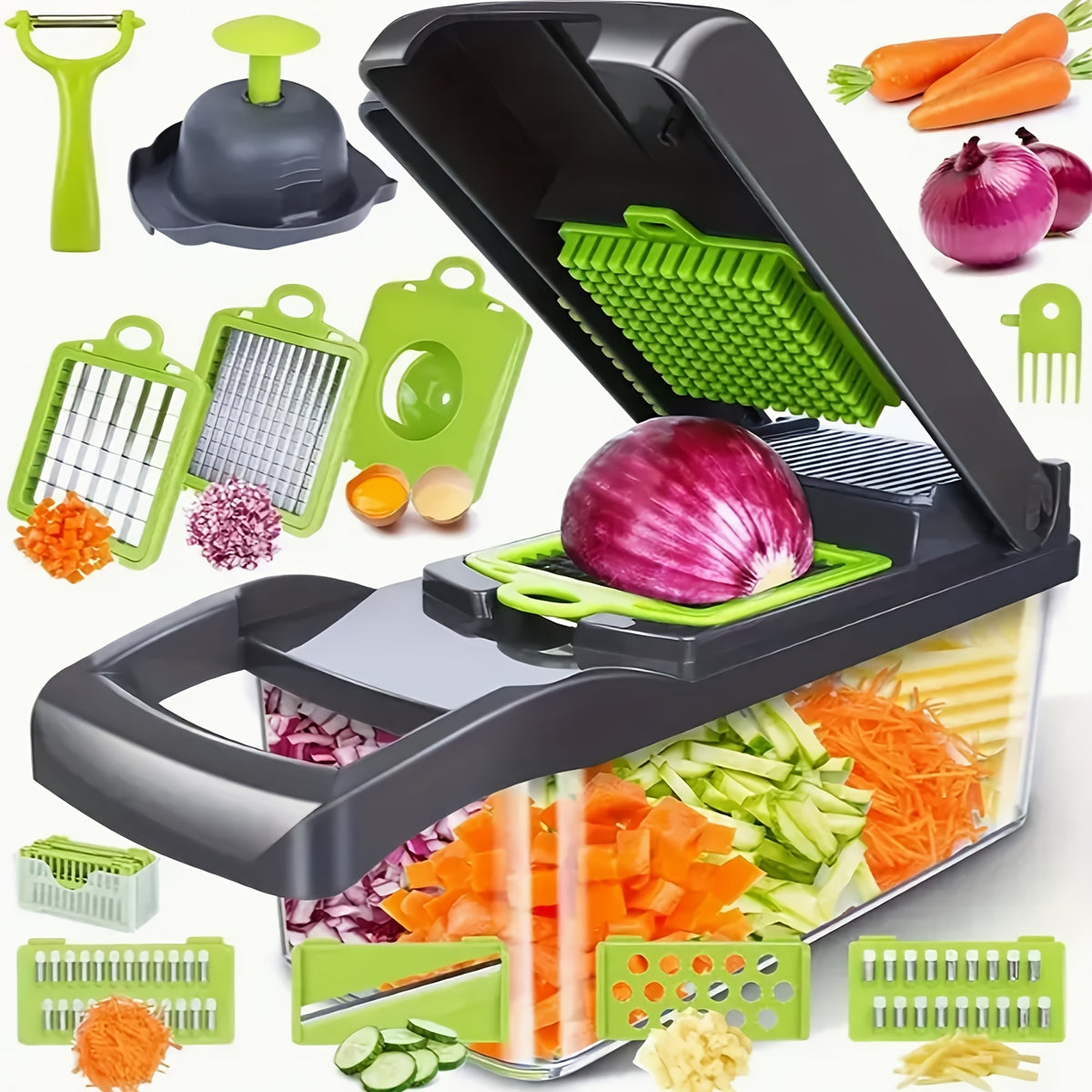 16-in-1 Manual Vegetable Chopper Set, With 8 Blades, Container, Peeler and Filter, Easy Meal Preparation, Professional Onion, Carrot and Garlic Slicer, Kitchen - product image