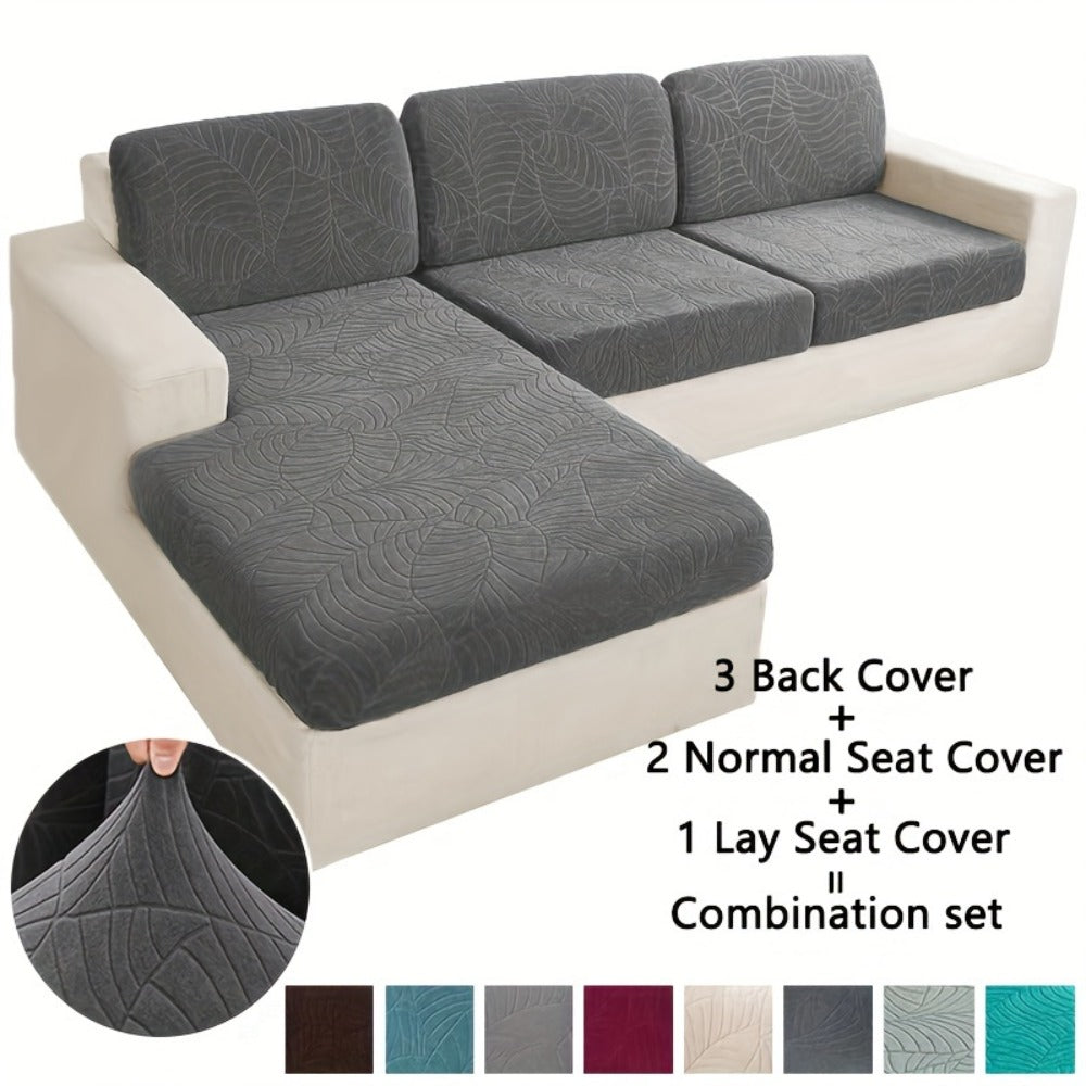 Jacquard Stretch Sofa Cover Set 6pcs Leaf Pattern High Elasticity Furniture Protective Cover with Elastic Band Easy Install Removable Washable Concubine Style Cushion Cover Home De - product image 2