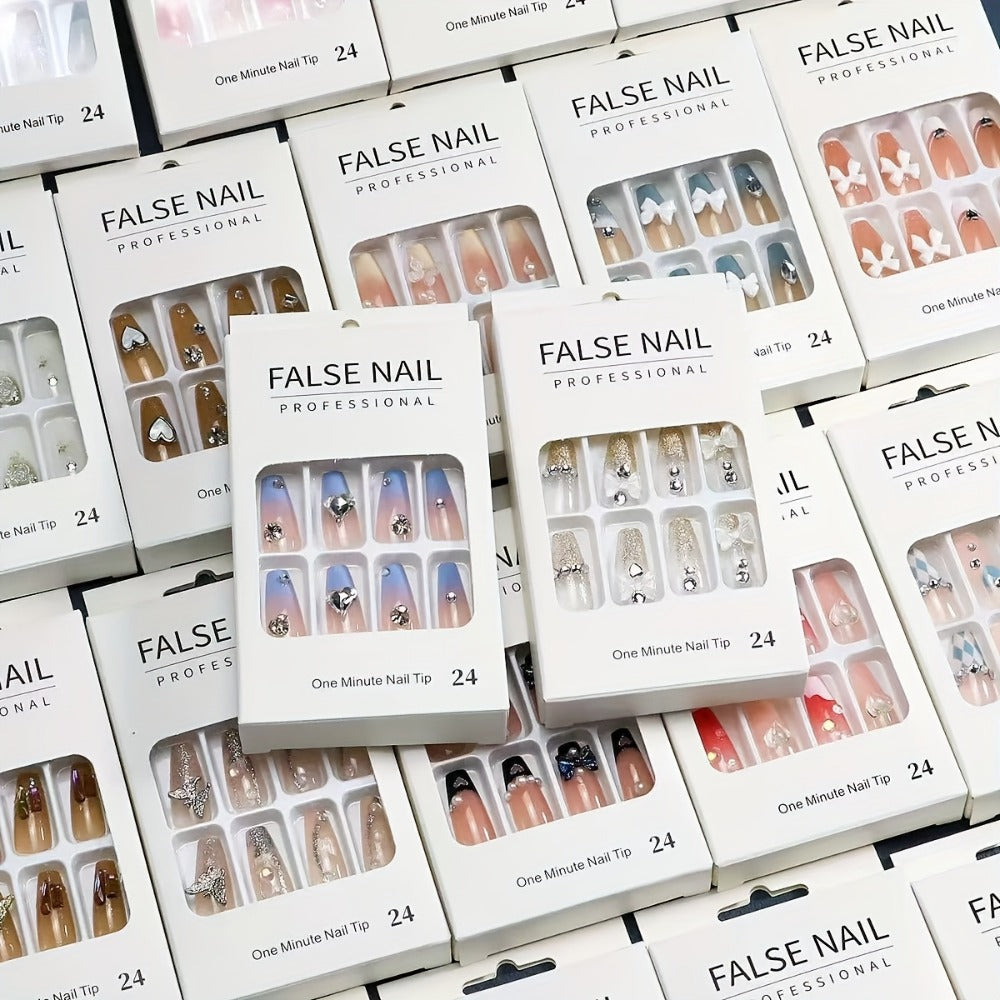 Rhinestone Press On Nails 216 Pieces 9 Sets Random Mixed Color – Glossy Full Cover Middle Length False Nails for Women Girls | Glamorous Holiday Christmas Party Nail Art Kit - product image 2