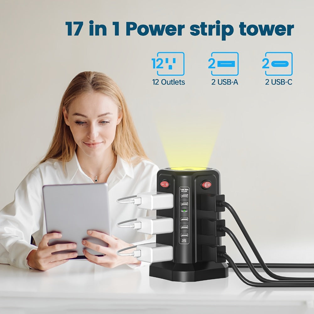 Surge Protector Power Strip Tower with 12 AC Outlets 5 USB Ports 8.8FT Extension Cord Night Light 4 Individual Switches Overload Protection for Home Office Desk Dorm Room - product image 11