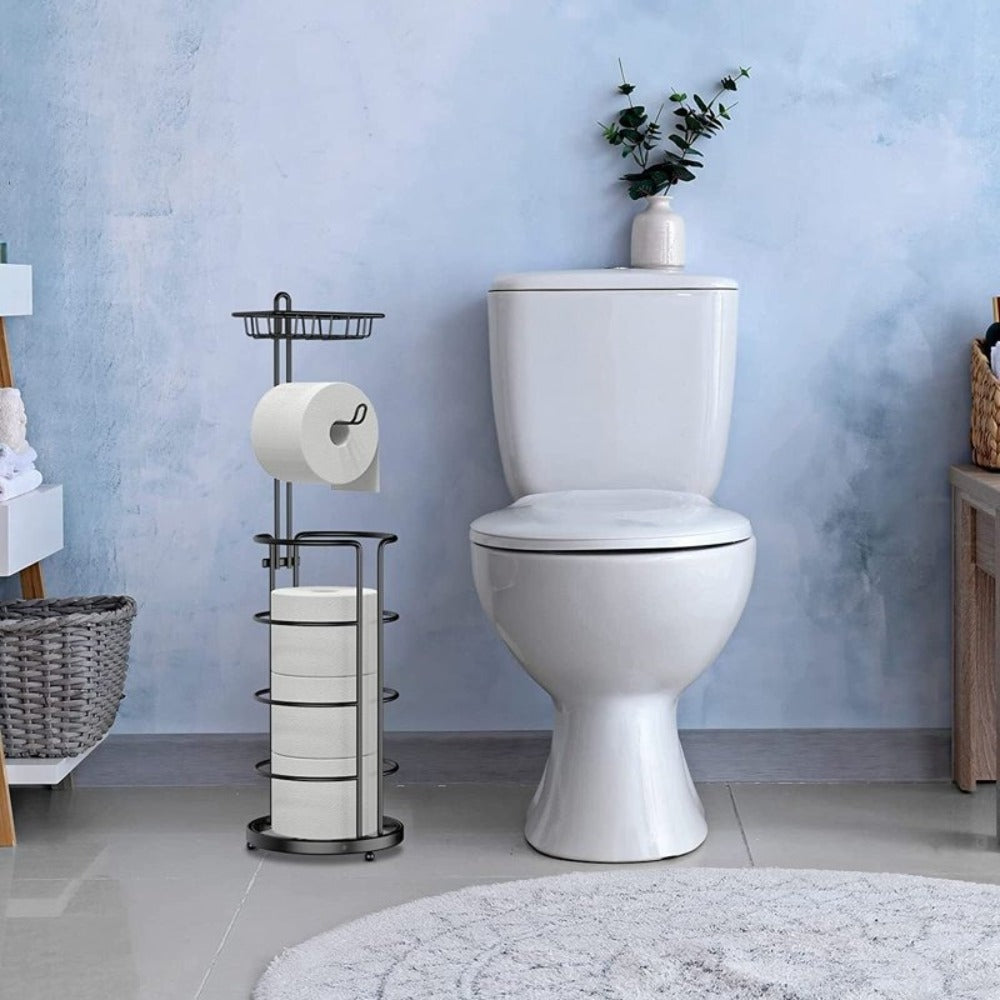 Toilet Paper Holder Floor Standing with Shelf 4-Roll Storage Rack Freestanding Bathroom Paper Organizer for Bathroom Bedroom Balcony Courtyard Black 1 or 2 Pack - product image 6