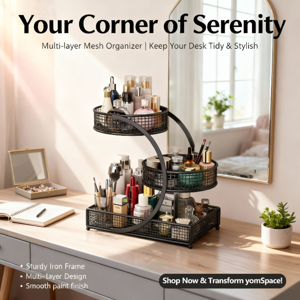 3-Tier Metal Makeup Organizer with Round Baskets Anti-Rust Vanity Storage Rack with Tissue Holder Space Saving Cosmetic Organizer Gift for Women - product image