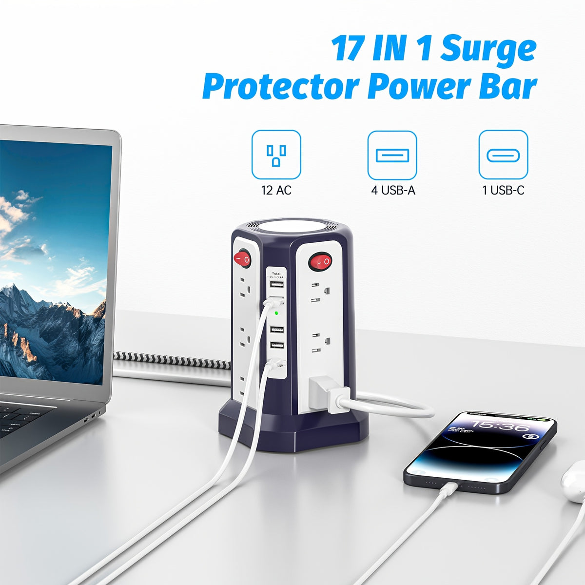Level 4 Upgraded New Product Flat Plug 16 AC Outlets Power Strip Tower WithUSB/ USB C Port, Surge Protector Power Tower With 5 USB Charging Ports, Extension - product image 2