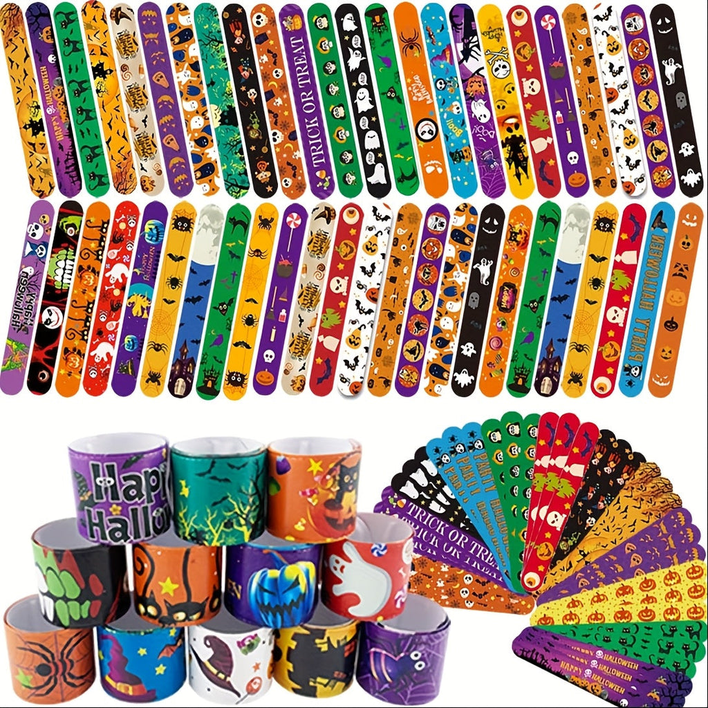 54/100PCS Halloween Party Favors for Boys & Girls, Spooky Treat Bag Stuffers, Classroom Goodie Gifts, Halloween Toy Accessories | Halloween Slap Bracelets Bulk for Kids