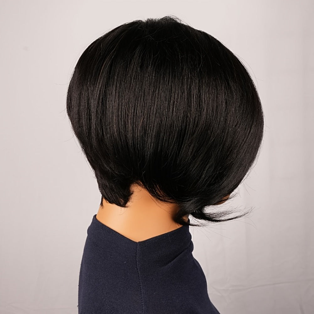 Pixie Cut Human Hair Wig with Bangs 8 Inch 200% Density Glueless | Side Part Layered Straight Rose Net Cap Throw On and Go | #1 #4 #99J Women Daily Party - product image 15