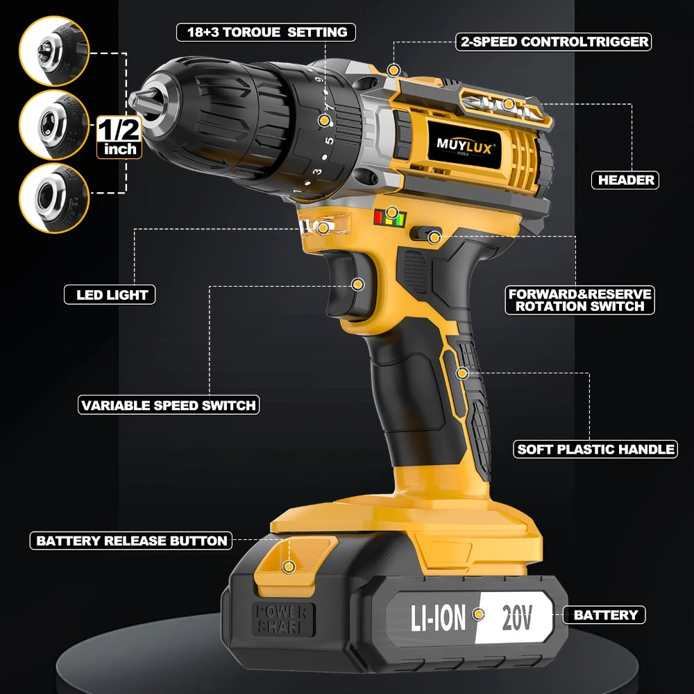 20V Cordless Drill Set Impact Power Drill 3/8 Inch Keyless Chuck 18+3 Clutch 45Nm Max Torque 2-Speed Work Light 2.0Ah Battery Fast Charger 136 148 PCS Kit - product image 4
