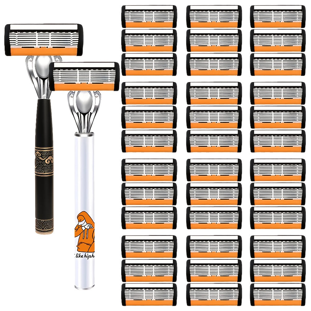 6-Layer Blade Men's Razor Set with Lubricating Strip 2 Handles & 36 or 72 Replacement Blades – Smooth Close Shave Contour-Fitting Ergonomic Manual Shaver for Men Daily Grooming - product image 3