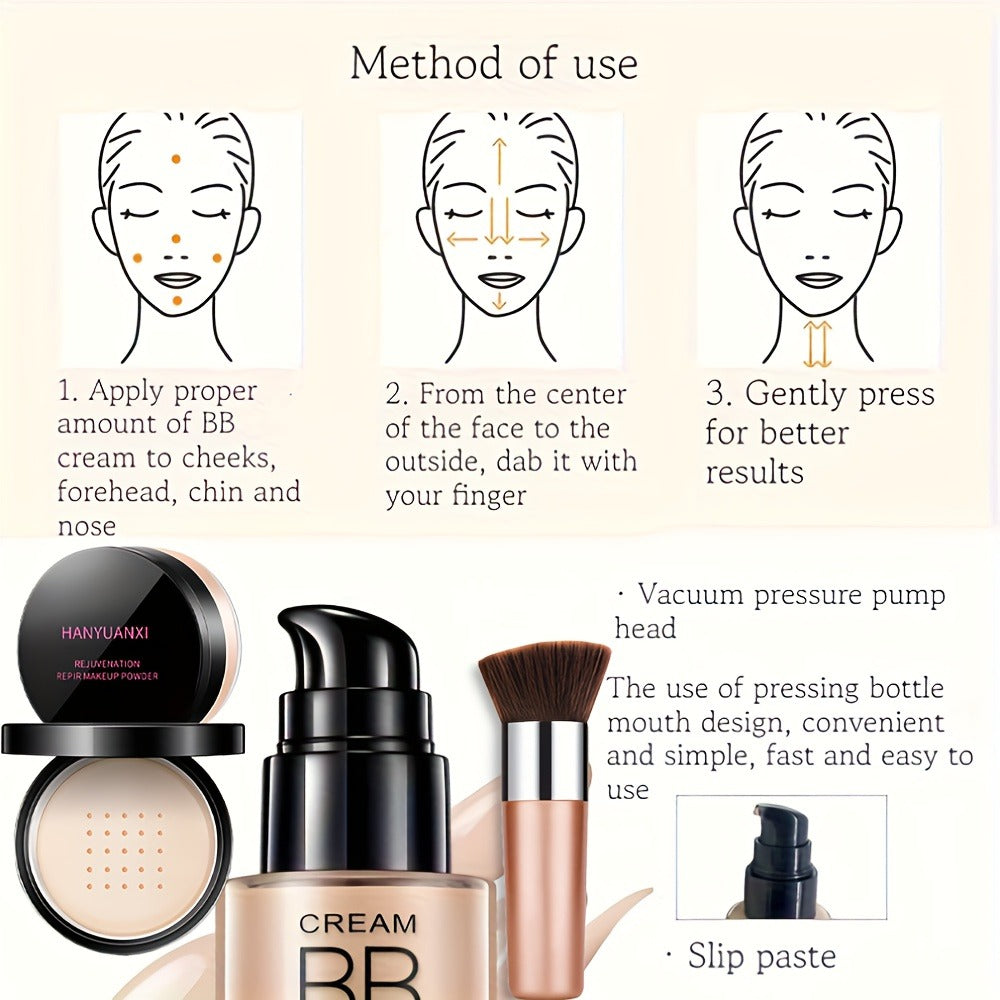BB Cream Makeup Kit with Loose Setting Powder Brush & Sponge — Full Coverage Waterproof Long-Lasting Hydrating Foundation Set for All Skin Types, Women Beauty Gift - product image 10