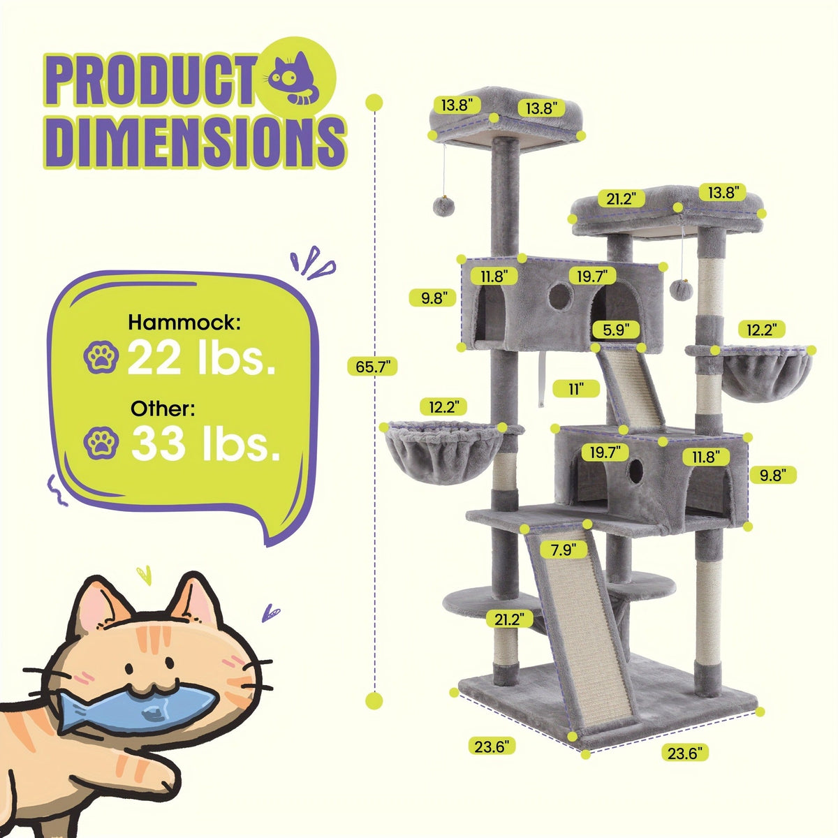 Cat Furniture with Sisal Scratching Posts, Plush Perches, Hammock, Basket & Corner Condo Cave, Hanging Toys & Climbing Ramp, Multiple Sizes & Colors | Cat Tree - product image 12