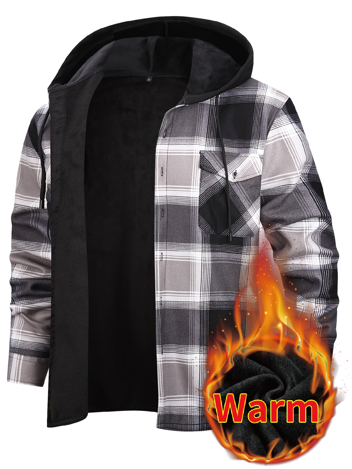 Men's Hooded Plaid Shirt Jacket with Flannel Lining - Thickened Winter, Button Front, Black/White/Gray/Beige Plaid, Euro/American Sizing, Casual Outdoor - product image