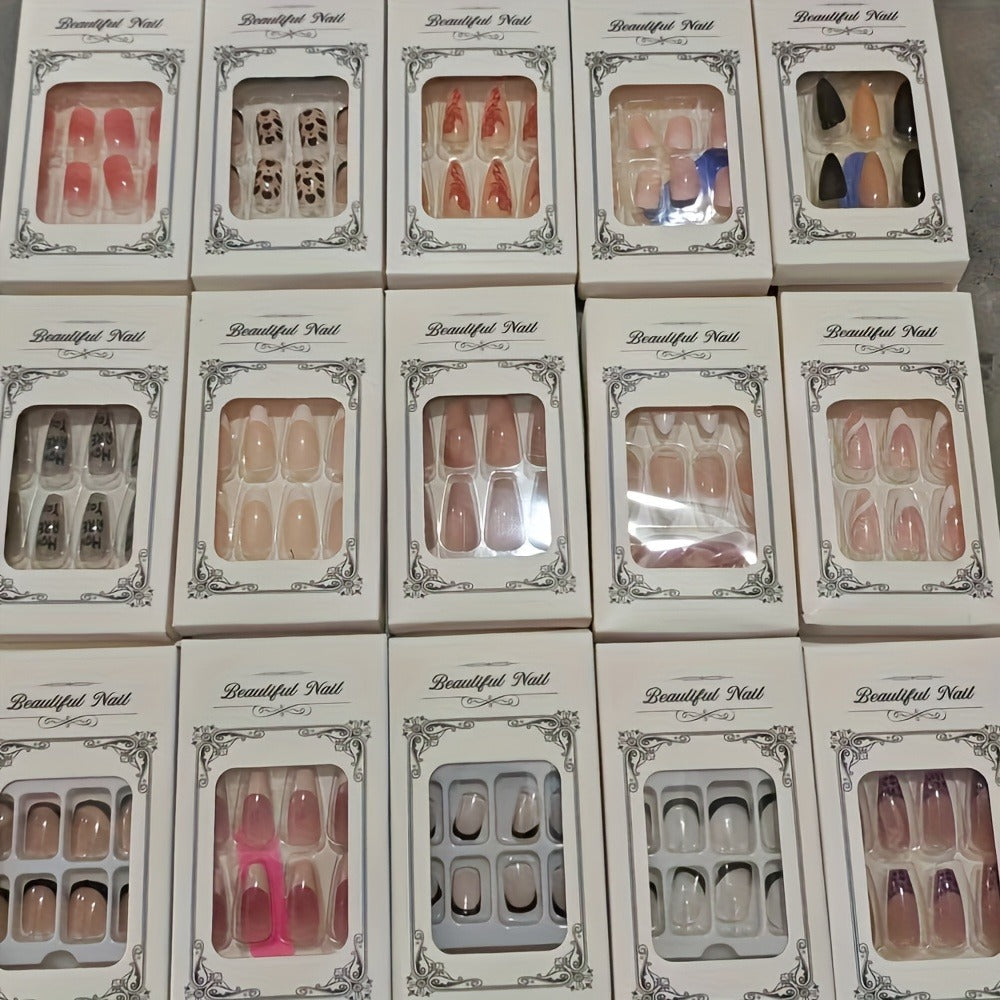Rhinestone Press On Nails 216 Pieces 9 Sets Random Mixed Color – Glossy Full Cover Middle Length False Nails for Women Girls | Glamorous Holiday Christmas Party Nail Art Kit - product image 4