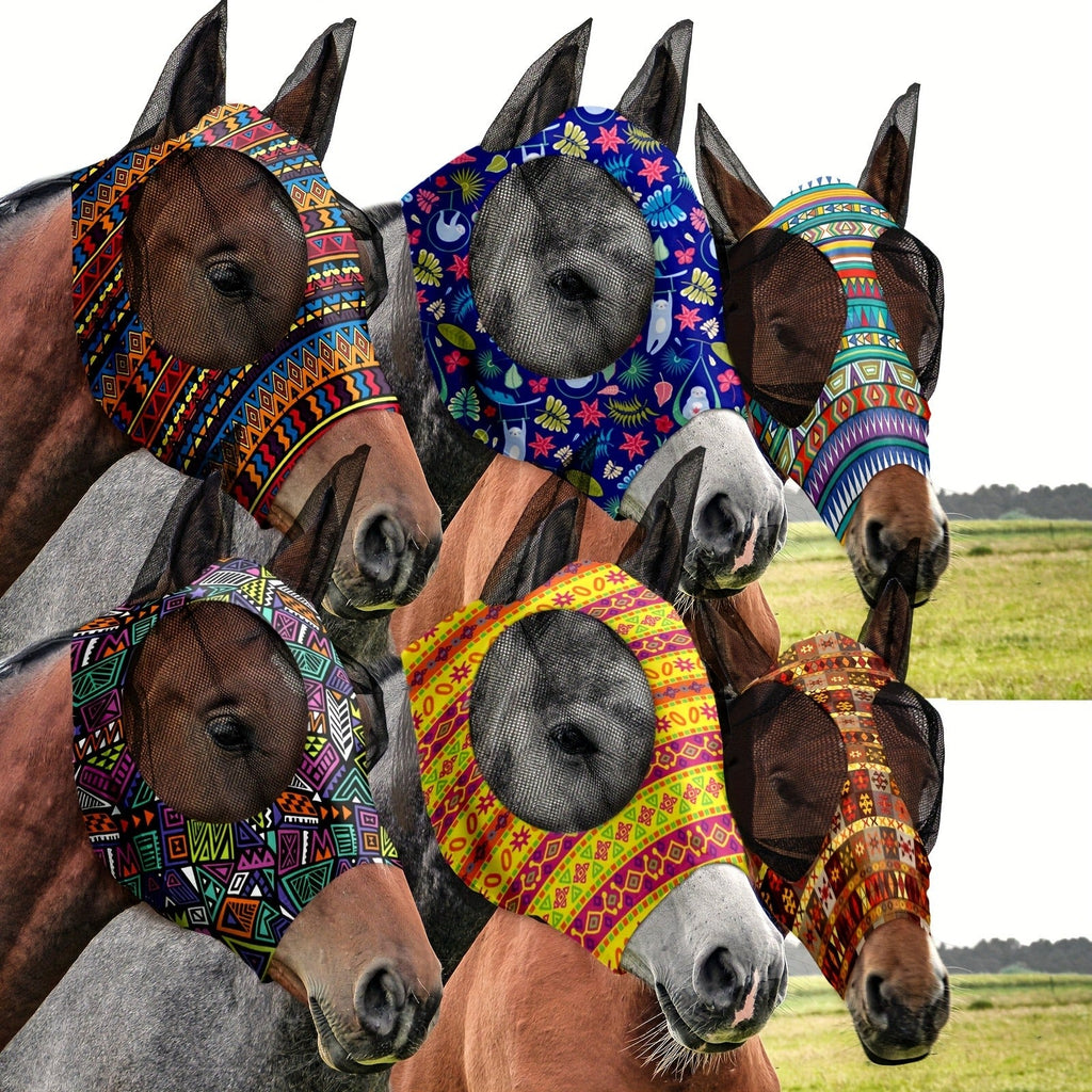 Horse Fly Mask with Ears 6-Pack – Soft Elastic Breathable Face Covering for Horses – Smooth Comfortable Fit, Geometric Pattern, Medium Size, Equine Riding - product image 2