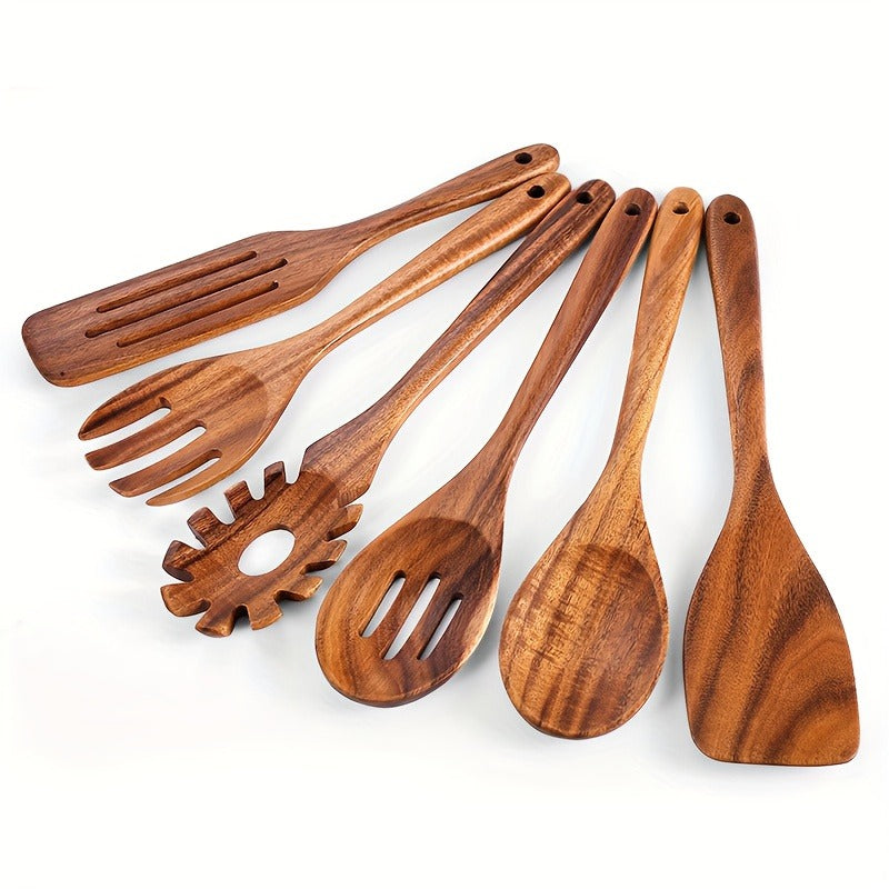 Wooden Cooking Utensils Set 6 Piece – Teak Wood Non-Stick Kitchen Tools with Comfortable Grip – Sturdy, Lightweight & Heat-Resistant Utensils for Indoor & Outdoor Cooking