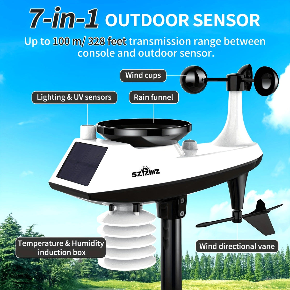 Wireless Indoor & Outdoor with Rain Gauge, Wind Speed, Solar Sensor & Smart App – 7-in-1 WiFi Home Weather Station