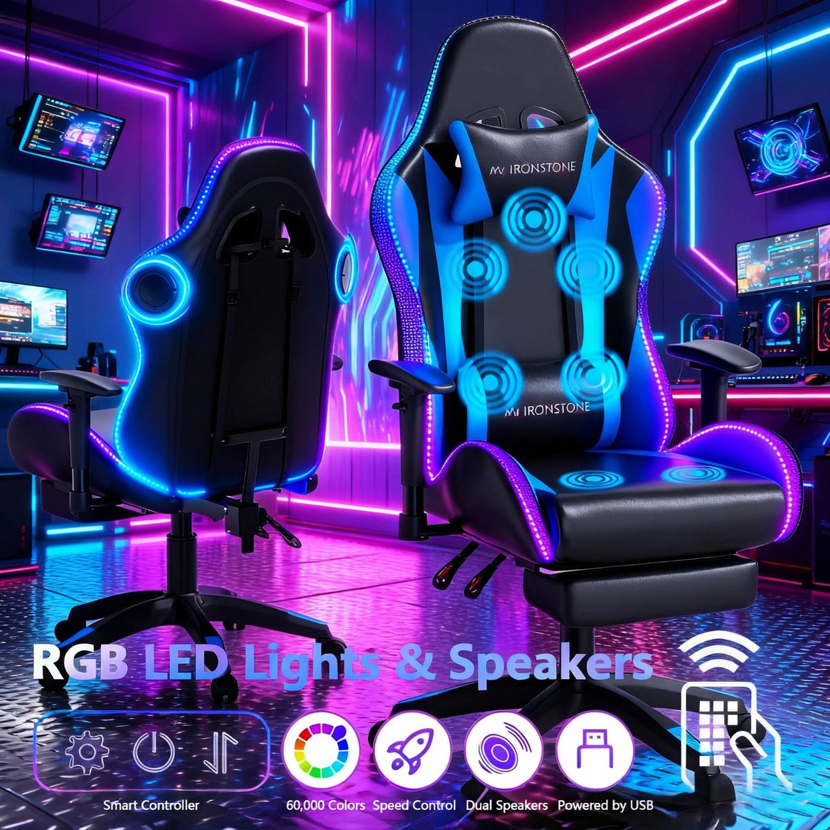 RGB LED Lights, 135° Reclining with Footrest, 7-Point Vibration, 3D Adjustable Arms, 360° Swivel, Heavy Duty 400 lbs Big & Tall Ergonomic Chair, Blue Black – Gaming Chair with Massage and Bluetooth Speaker