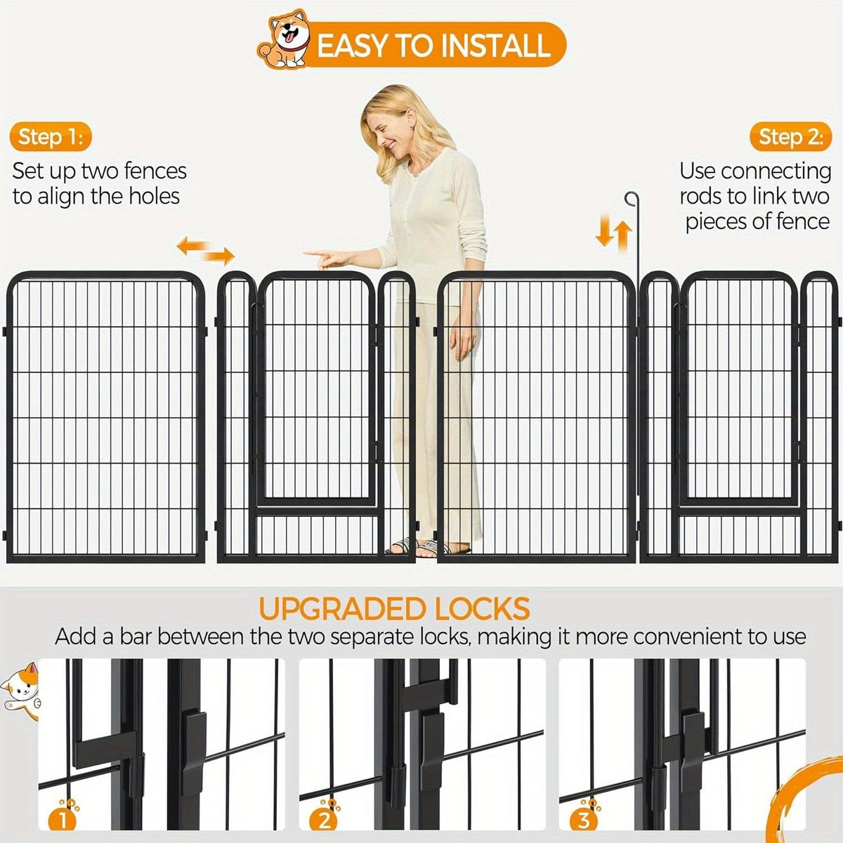 8 & 16 Panel Pet Exercise Pen for Large Medium Small Dogs, Carry-along Indoor Outdoor Puppy Pen for Yard Garden Camping RV, 24"/32"/40" Panel Height – Dog - product image 11