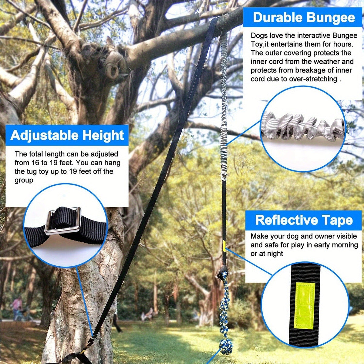 Bungee Dog Tug Toy Outdoor Hanging from Tree Height Adjustable 19.7 Ft Elastic Cord Tether with Chew Rope | Solo & Interactive Exercise Play for All Dog Breeds - product image 4