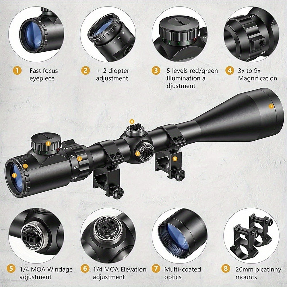 Four-Hole Picatinny Mount Adjustable Tactical Optical Scope for Hunting Shooting Outdoor Use | Waterproof Riflescope 3-9x40 with Red Green Illuminated Reticle - product image 4