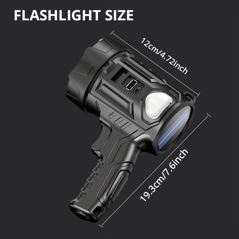 Travel-friendly LED Flashlight 2000 Lumen Solar Rechargeable Power Bank USB-C for Camping Hiking Outdoor Emergency