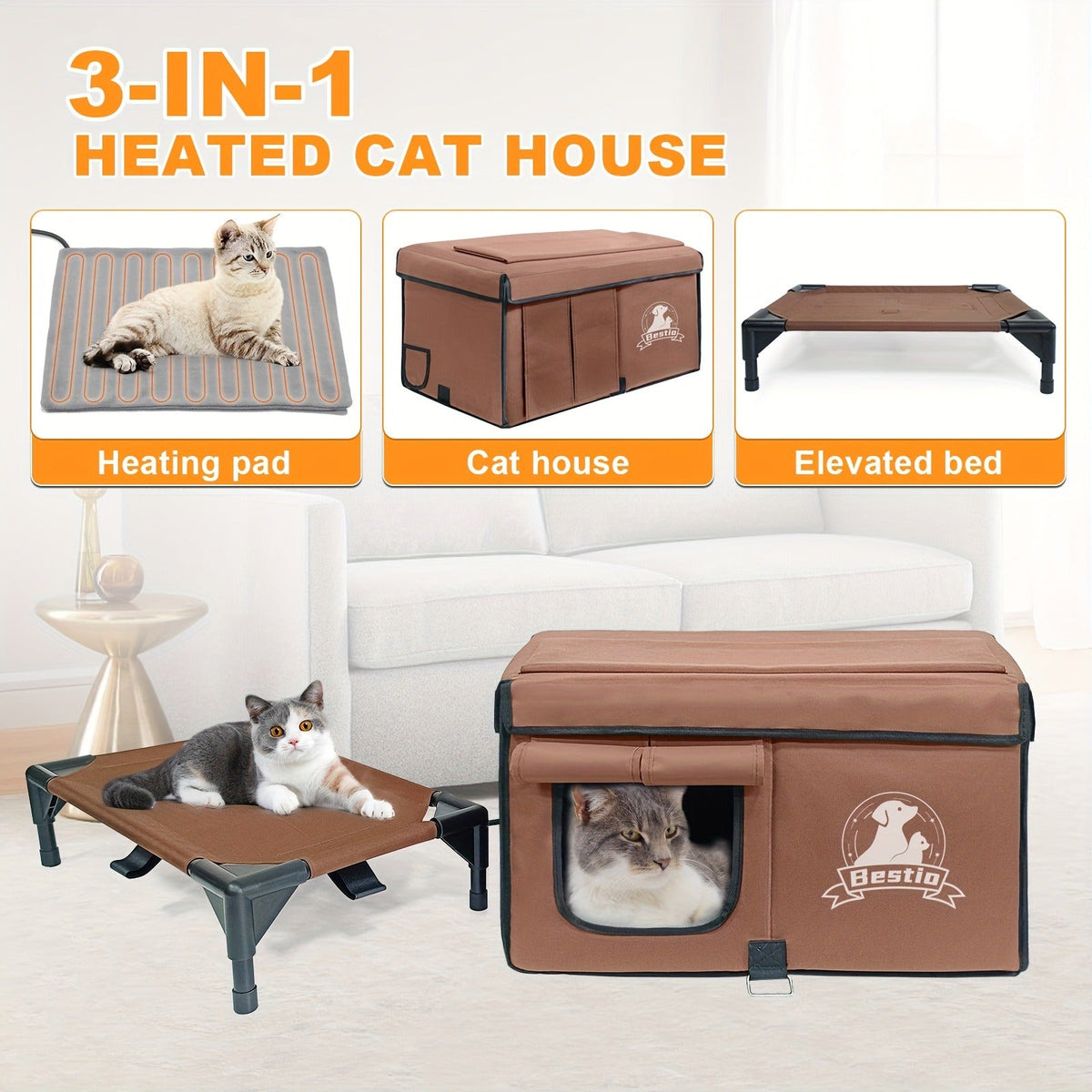 Heated Cat House 3-in-1 with Removable Warming Pad | Elevated Cat Bed for Indoor & Outdoor Cats | Chew-Resistant Cord | All-Season Cat Shelter & Condo | Double - product image 20