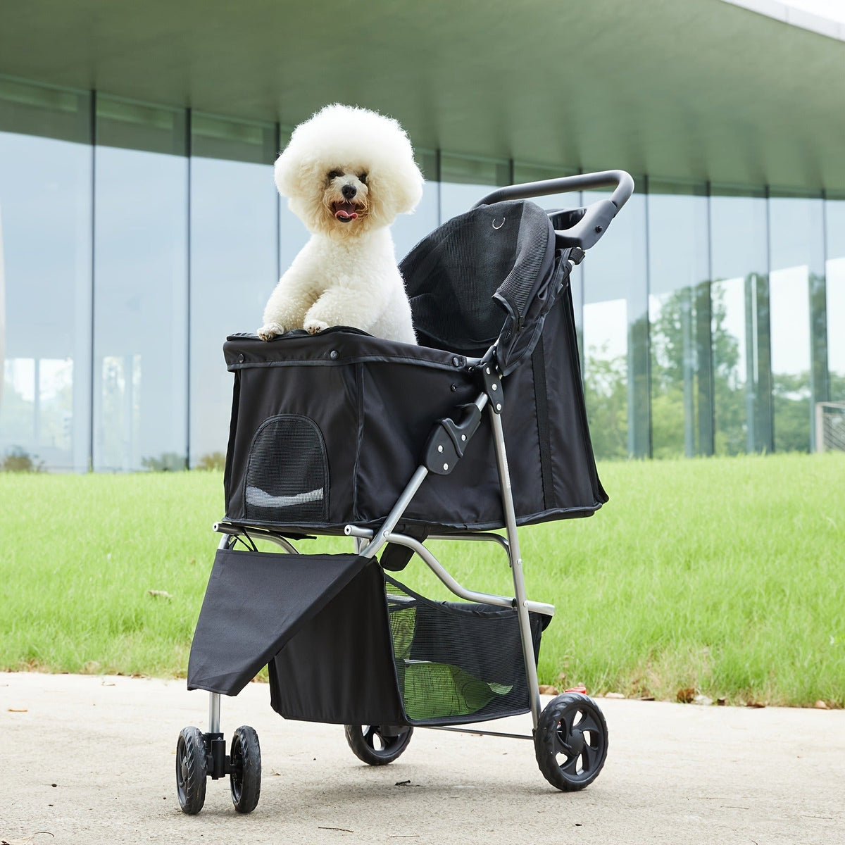 Foldable Jogger Stroller with Weather Cover, Storage Basket & Cup Holder, Breathable Mesh Window, All-Season Outdoor Walk Pram, Black | 3-Wheel Pet Stroller - product image 10