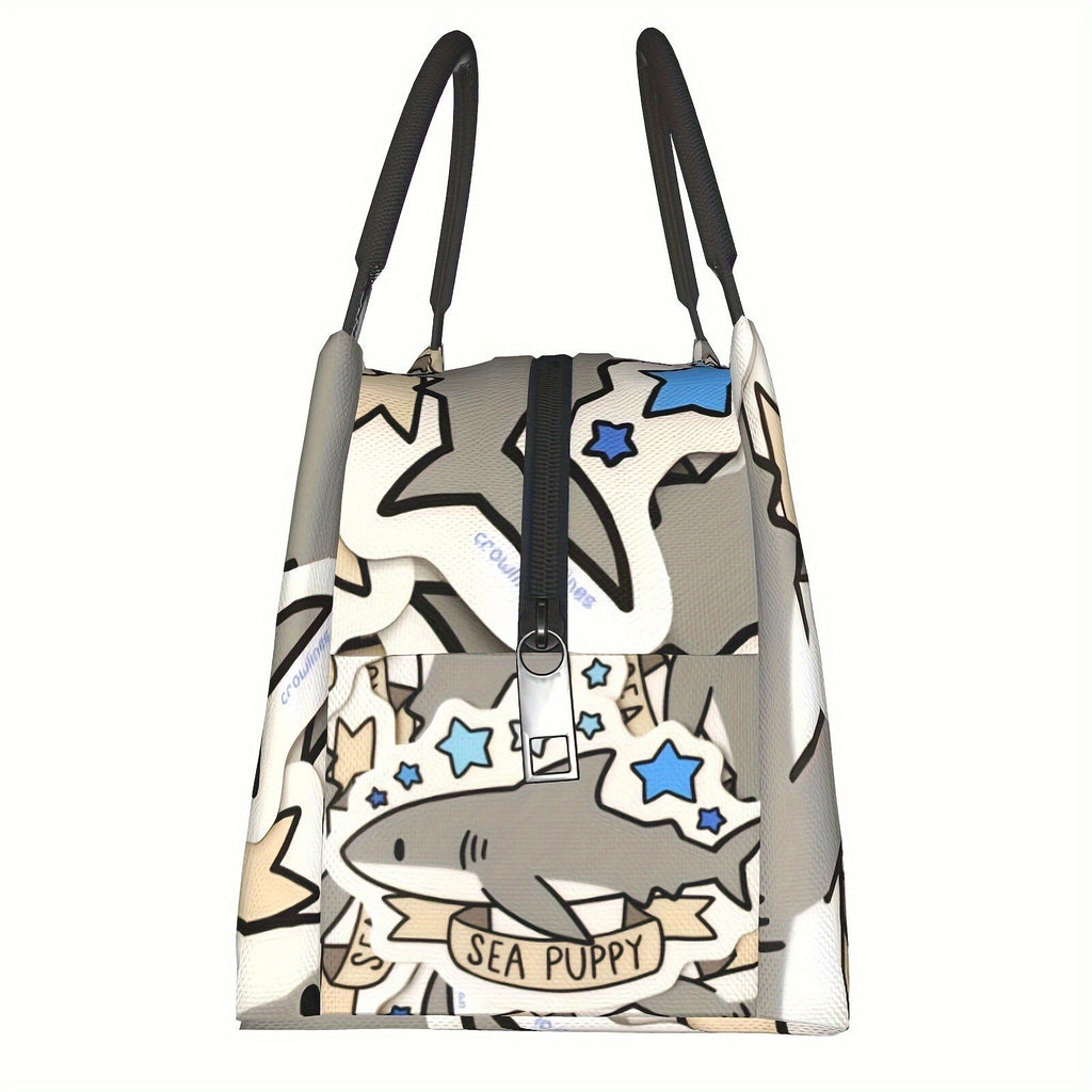Cooler Bag with Grey Shark Pattern | Carry-along Reusable Insulated Lunch Bag for Camping, Picnic, Beach, Office, Home & Outdoor Use, Fun Kids & Adults Novelty Cooler Tote, 11 x 6.3 x 6.7 in