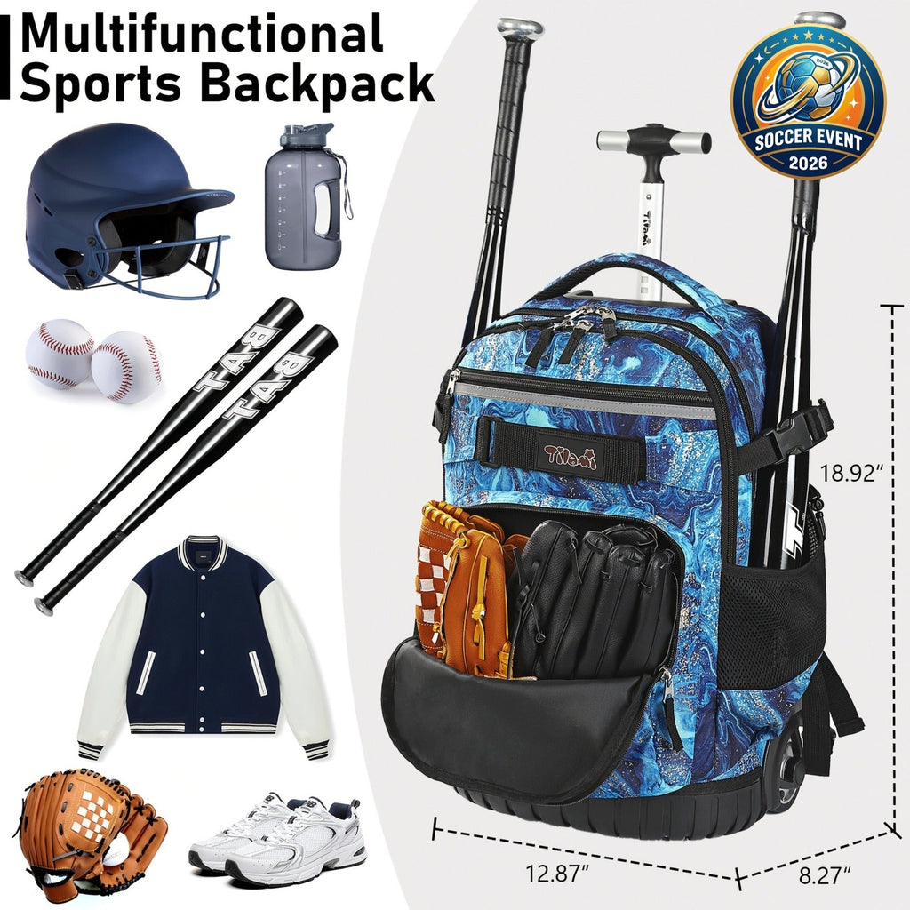 Large Capacity Baseball Softball Soccer Bag Multiple Pockets for Daily Commuting – Wheeled Sports Backpack with Wheels