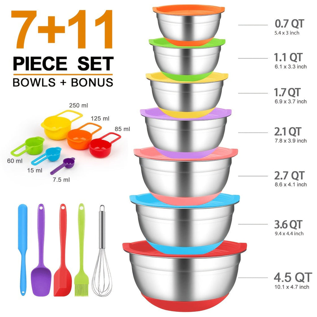 Stainless Steel Mixing Bowls Set with Airtight Lids 7 Piece | Dishwasher Safe Kitchen Bowls for Cooking Baking Camping Travel | Stackable Nesting Bowls with Measuring Spoons Whisk Spatula Tongs Basting Brush