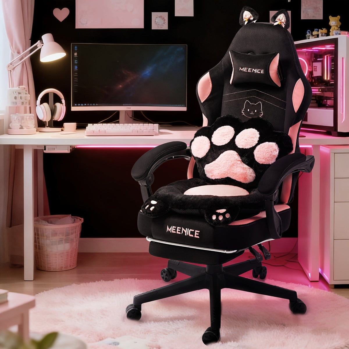 Cat Ear Gaming Chair Ergonomic Reclining Computer Chair with Footrest Paw Lumbar Cushion Wingback PC Game Chair for Girls Adults 300LBS Pink Black Blue for Barbershop & Home Grooming