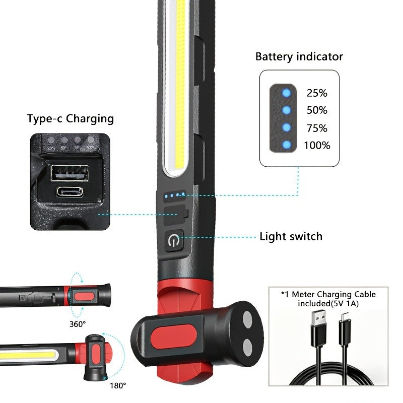 Mechanic Work Light with Magnetic Base & Hook | LED Engine Compartment Light with Red & Blue Warning Lights | Durable Work Site Lighting for Automotive Repair, Garage & Workshop