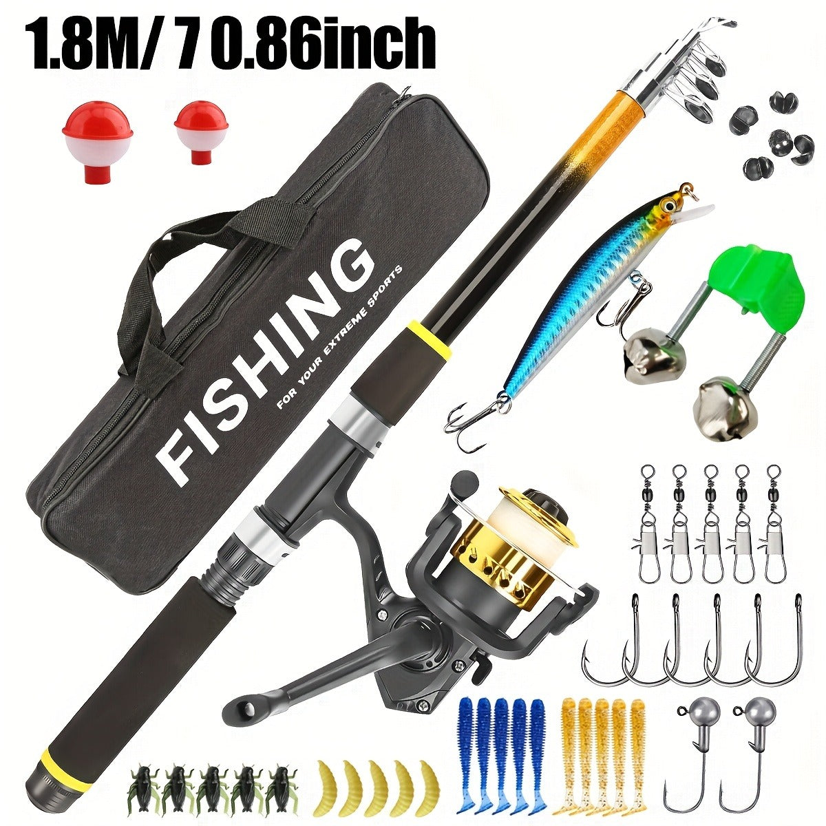 Medium-Fast Action Telescopic Fishing Rod with Line, Lures, Accessories Box & Carry Bag, Ambidextrous Design for Beginners – Baitcasting Rod and Reel Combo Set