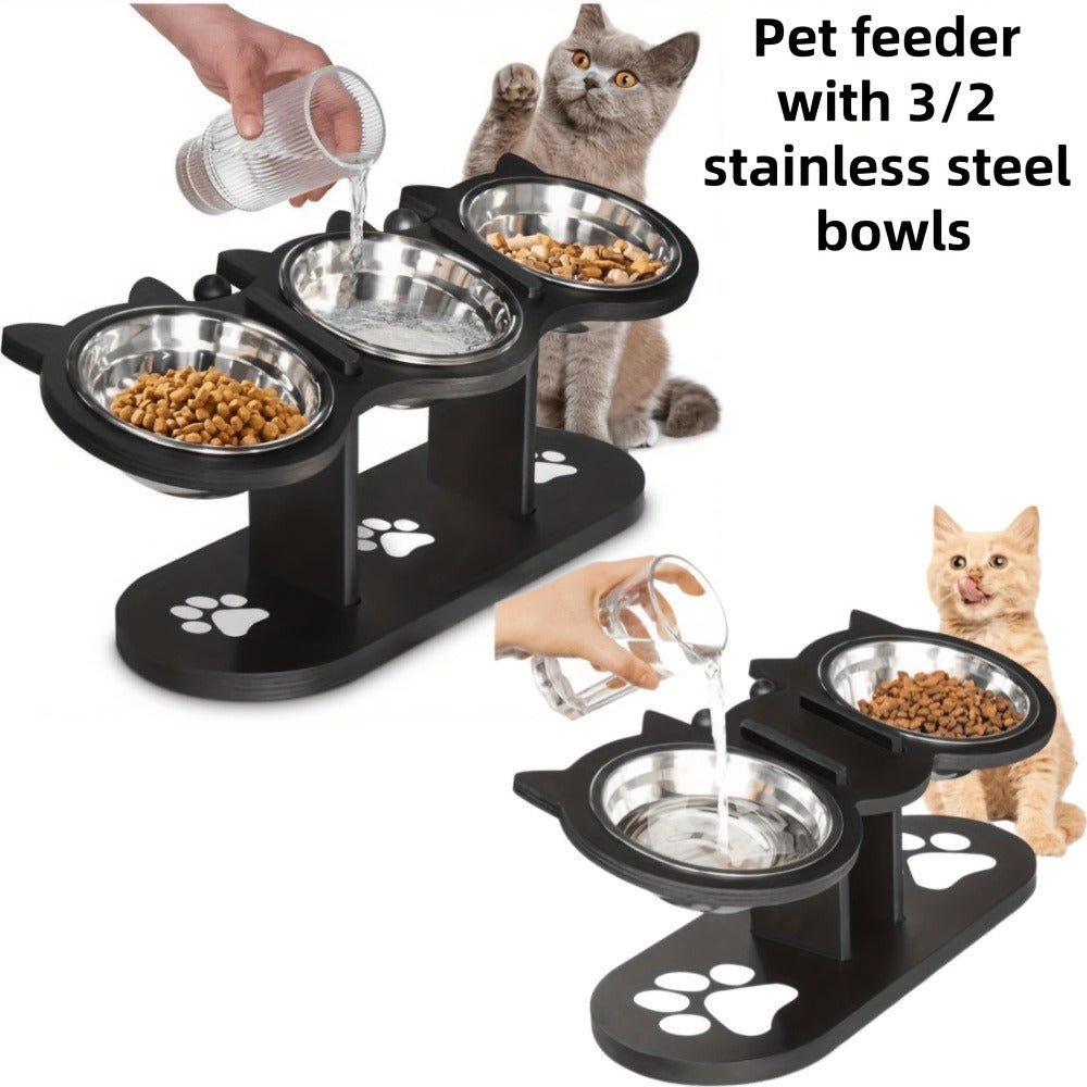 Elevated Cat Bowl Stand with Tilted Stainless Steel Bowls | Adjustable Raised Feeder, Anti-Spill, Black Wood Base for Cats & Small Dogs - product image 2