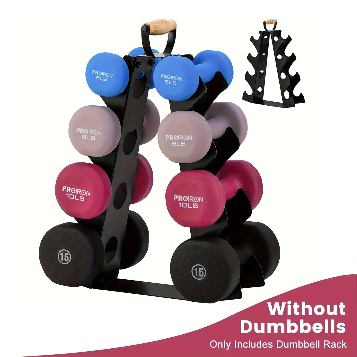 Weight Rack Stand 4-Tier A-Frame with Wooden Handle | Space-Saving Dumbbell Storage for Home Gym, Holds 5 | 15LB Hex & Rubber Dumbbells, Easy Assembly - product image 2
