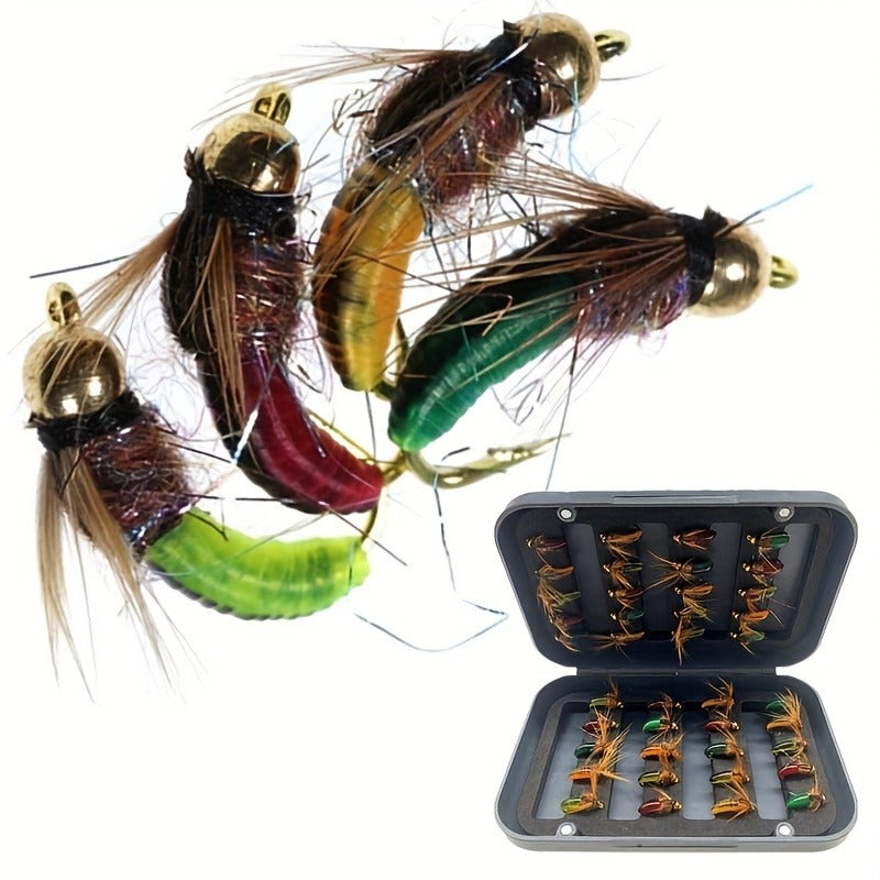 Brass Bead Head Caddis Nymph Lures Mixed Styles with Tackle Box, High Carbon Steel #10 Hooks for Bass Bluegill Trout Freshwater – Trout Fly Fishing Flies Kit - product image