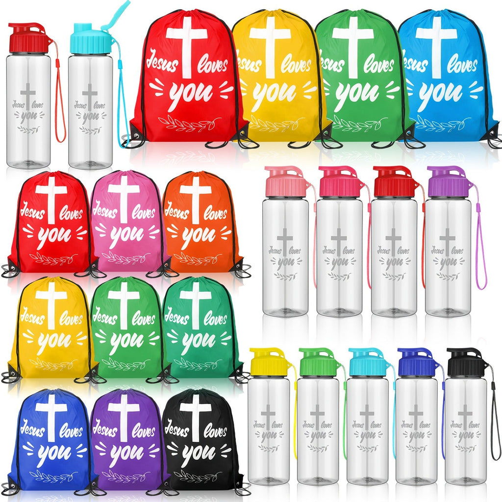 10 Drawstring Backpacks & 10 Sport Bottles with Bible Verses, God Loves You Church Event Favors for Kids, Vacation Bible School, Sunday School & Religious Celebrations | Christian Party Gifts Bulk Set 20pcs