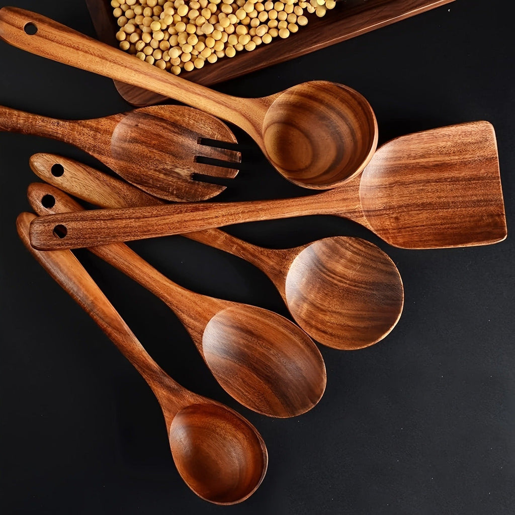 Teak Wood Kitchen Utensil Set 3 Piece Solid Wood Cooking Spoon Rice Spoon High Temperature Resistant Non-Stick Pan Safe Wooden Cooking Utensils Polished Finish - product image 6
