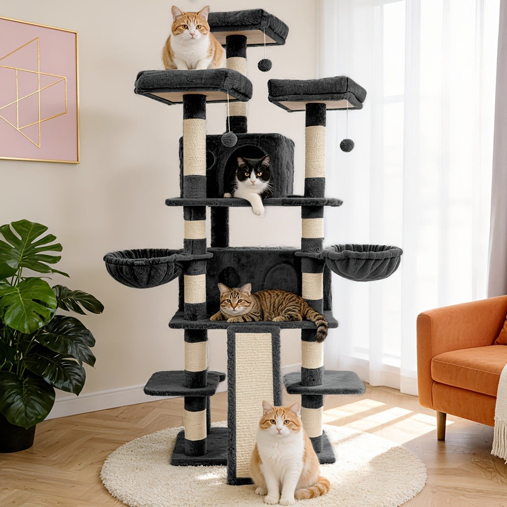 Large Multi-Level Cat Tree Tower – 68 – 81 Inch Tall Cat Condo with 2 Condos, 3 Plush Perches, Scratching Posts & Cat Hair Brush - product image 9