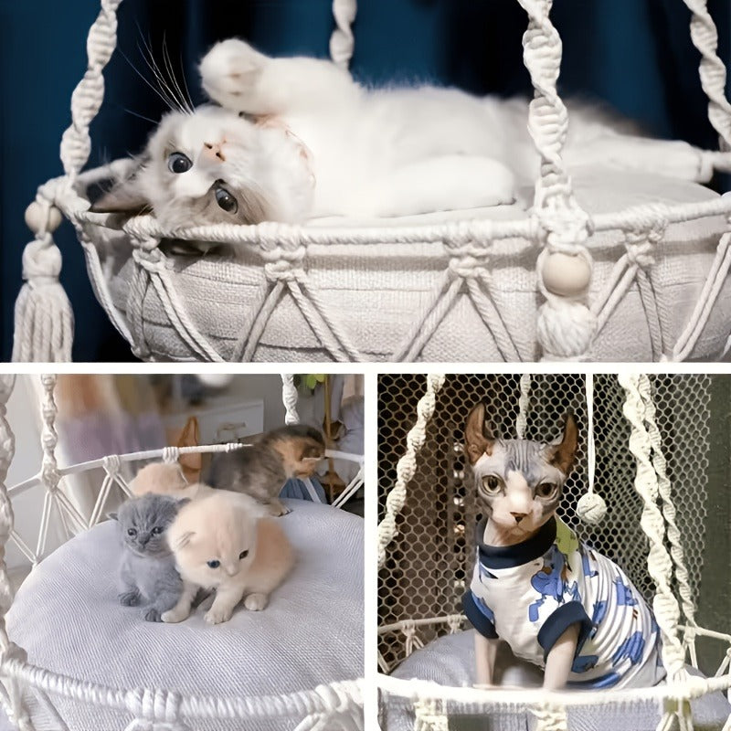 Indoor Cat Nest Basket for 1-2 Cats, 11.81" & 15.75" Diameter – Hand-Woven Rope Cat Hammock & Swing Bed - product image 8