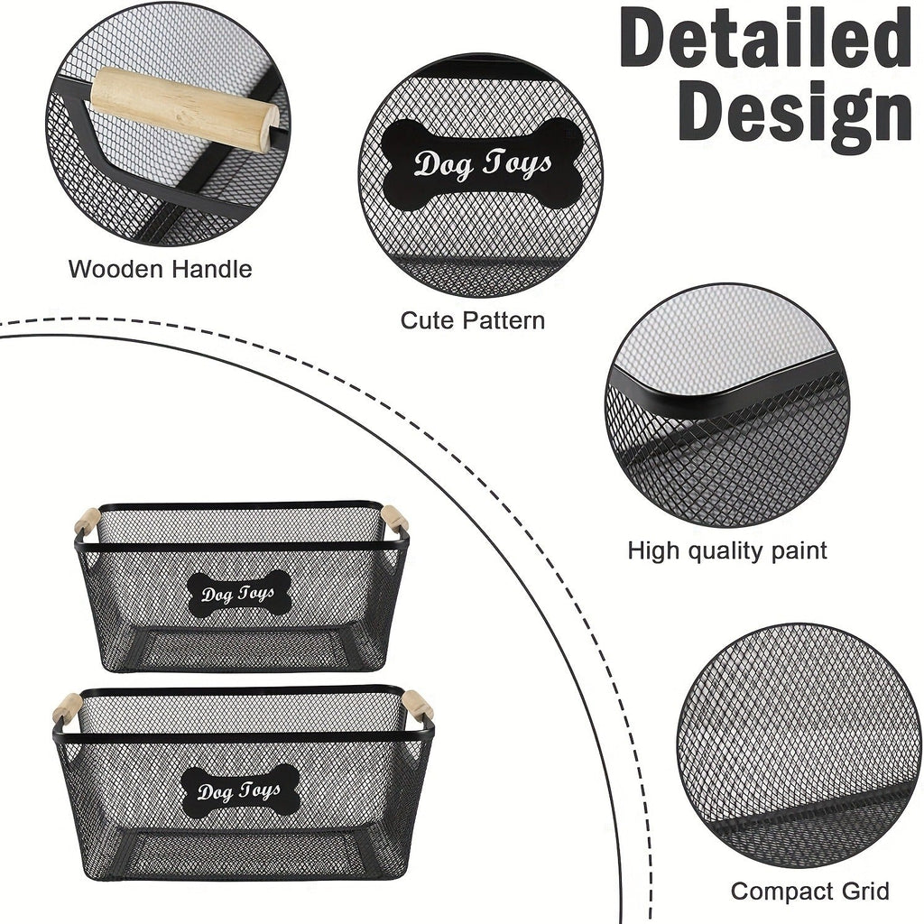 2-Pack Mesh Wire Organizer Bin for Dog Toys, Collars, Blankets & Accessories | Metal Dog Toy Storage Basket Set with Wooden Handles - product image 4