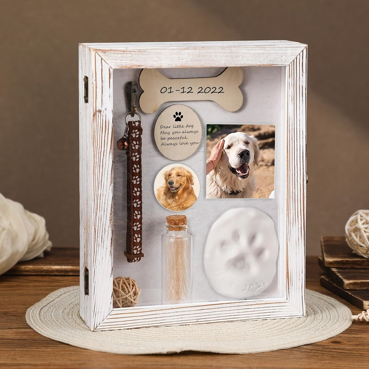 Pet Memorial Shadow Box 8x10 Wood Frame Display Case with Paw Print Kit Small Bottle & Pins – Dog Cat Urn Ashes Keepsake Box for Loss Pet Remembrance Memory Gift – 1 Set