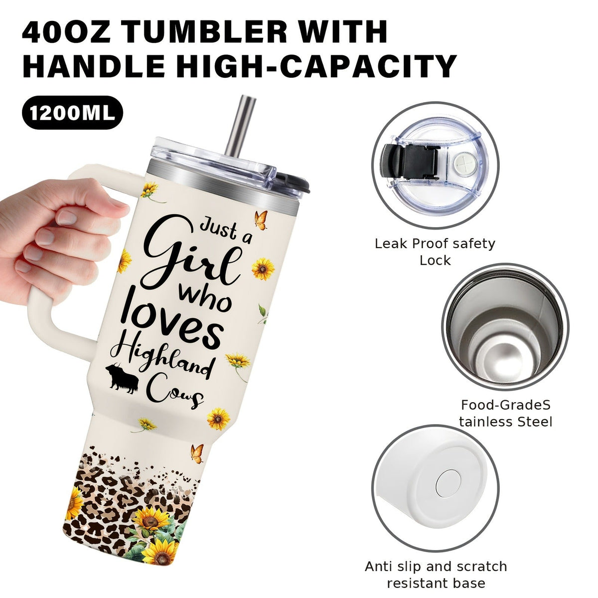 40oz Stainless Steel Tumbler with Handle and Lid | Cow Print Insulated Travel Cup for Hot & Cold Drinks, Double Wall Vacuum Tumbler for Camping, Sports & Outdoor Use, Cute Cow Lover Gift for Birthday & Holiday